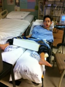 In orthopaedics, they had him in a wheelchair to stretch his legs.